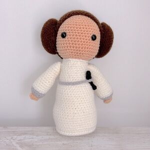 Princess Leia Crochet Doll with Brown Hair and White Outfit